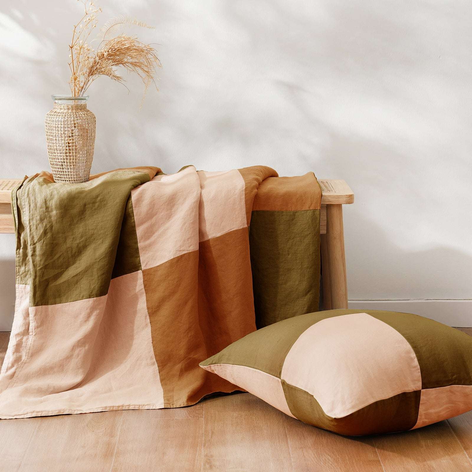 Olive Green Colorblock 100% Organic Linen Plaid Blanket & Throw - Victory Symbol