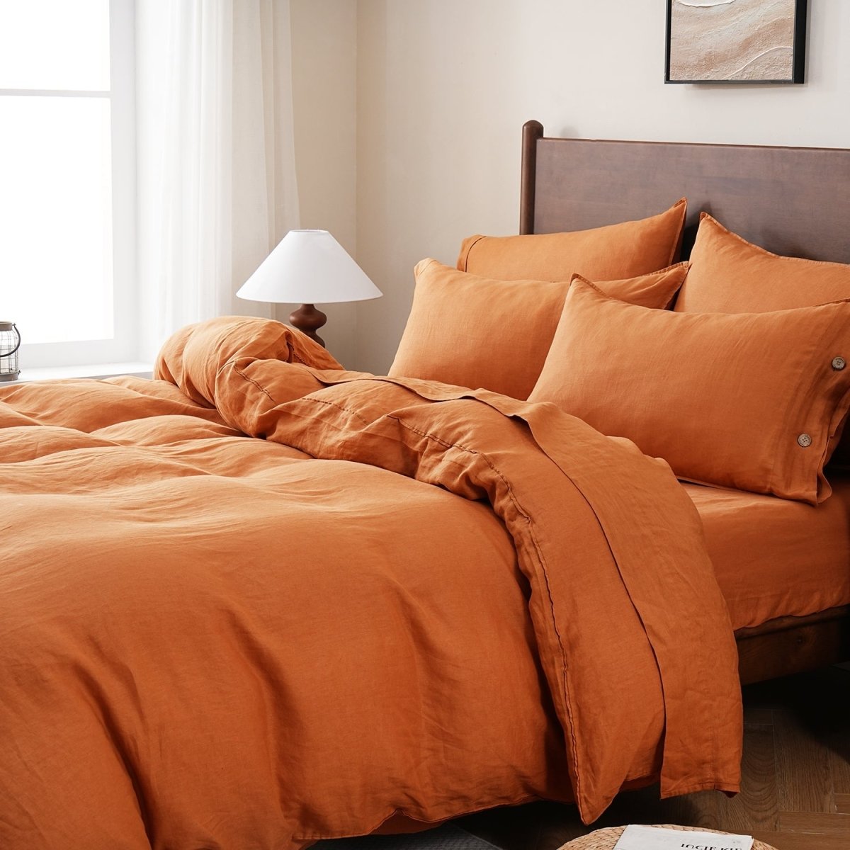 Orange Ochre 100% Organic Linen Duvet Cover Set With Coconut Button Closure - Victory Symbol