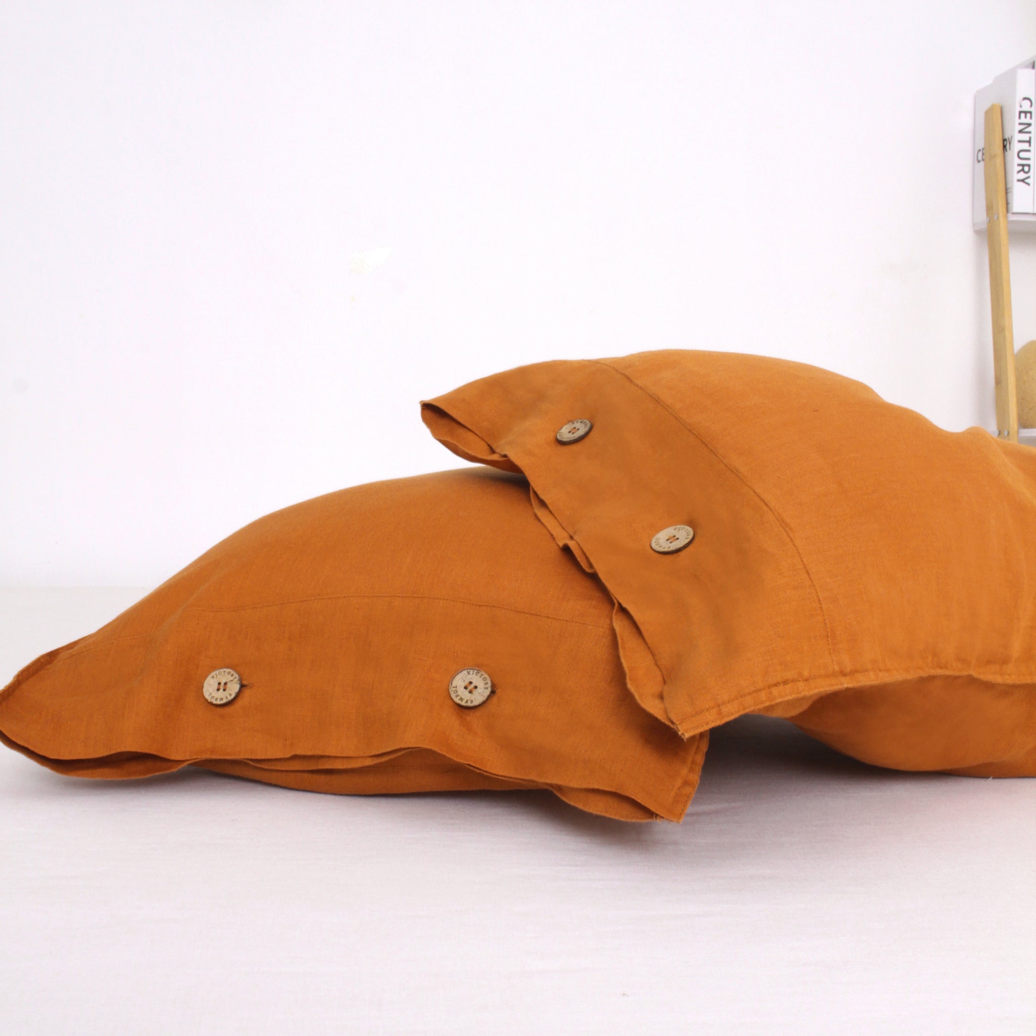 Orange Ochre 100% Organic Linen Pillowcases With Coconut Button Closure - Victory Symbol