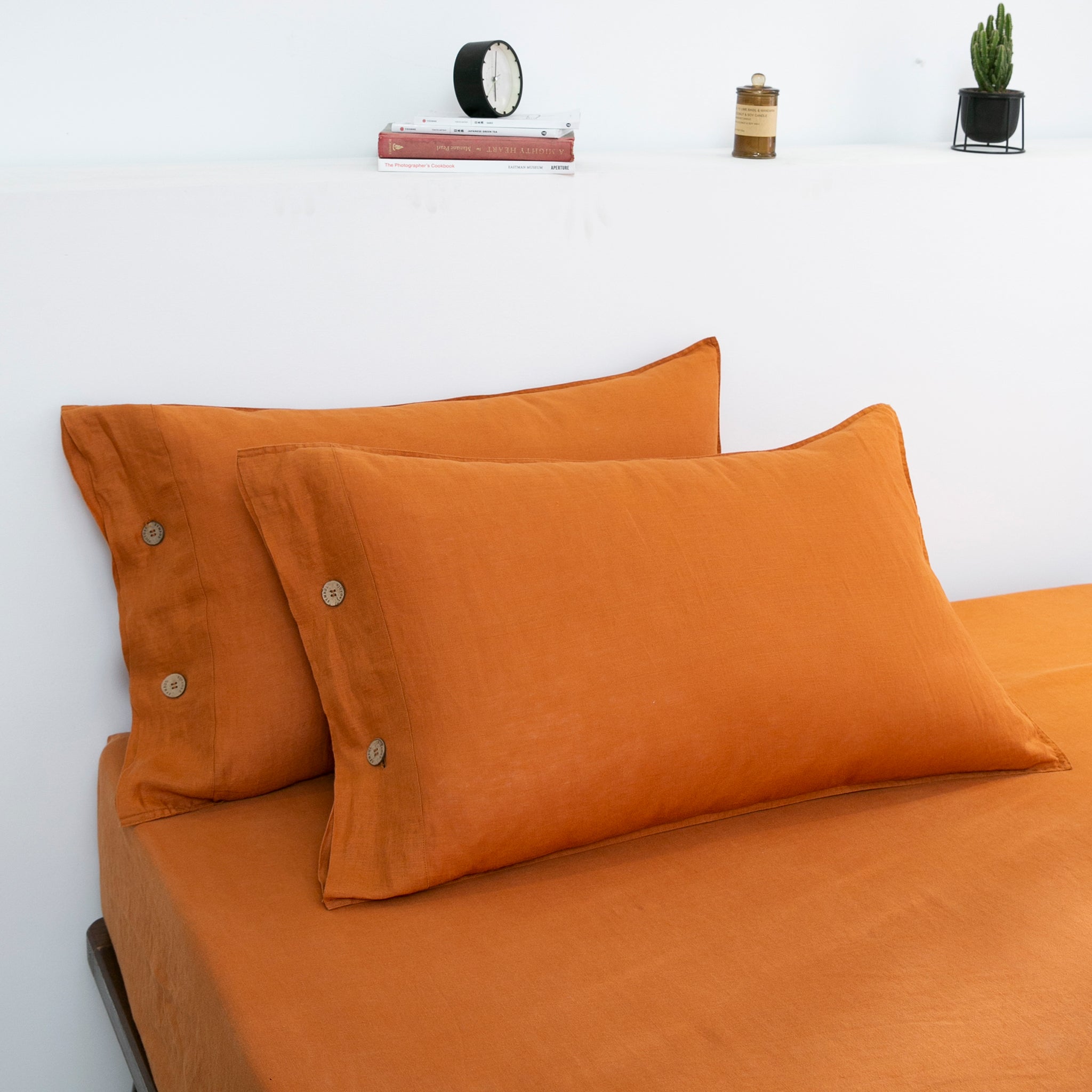 Orange Ochre 100% Organic Linen Pillowcases With Coconut Button Closure - Victory Symbol