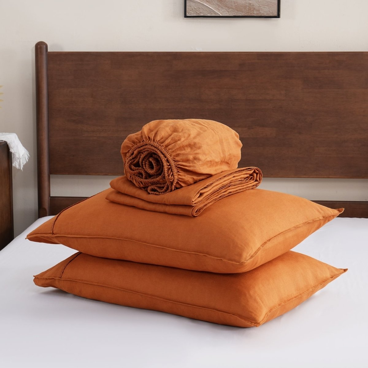 Orange Ochre 100% Organic Linen Sheets Set - Victory Symbol