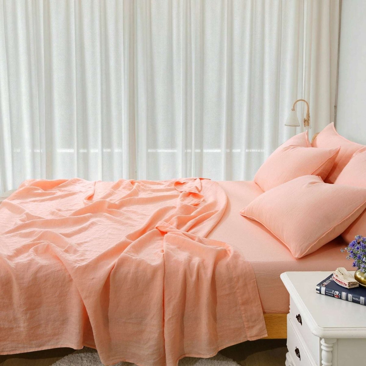 Peach Pink 100% Organic Linen Sheets Set - Victory Symbol