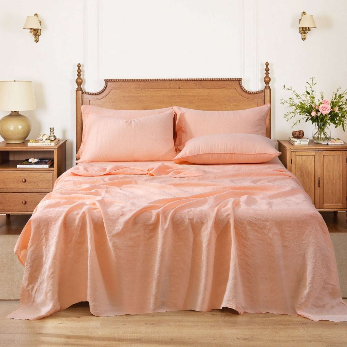 Peach Pink 100% Organic Linen Sheets Set - Victory Symbol