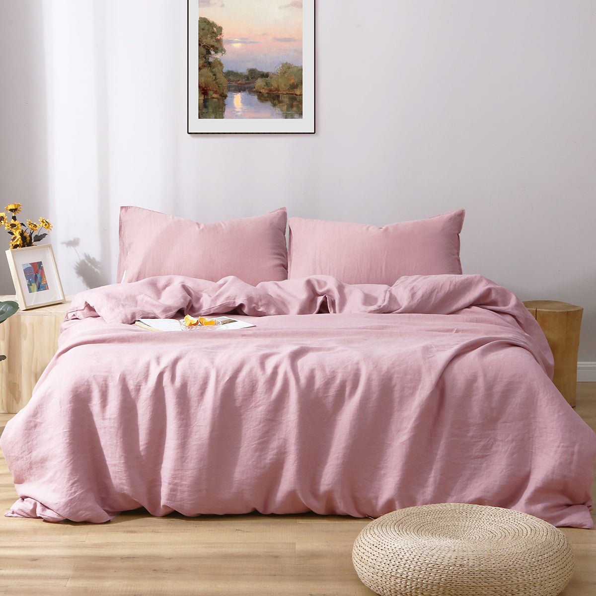 Pink Lavender 100% Organic Linen Duvet Cover Set - Victory Symbol