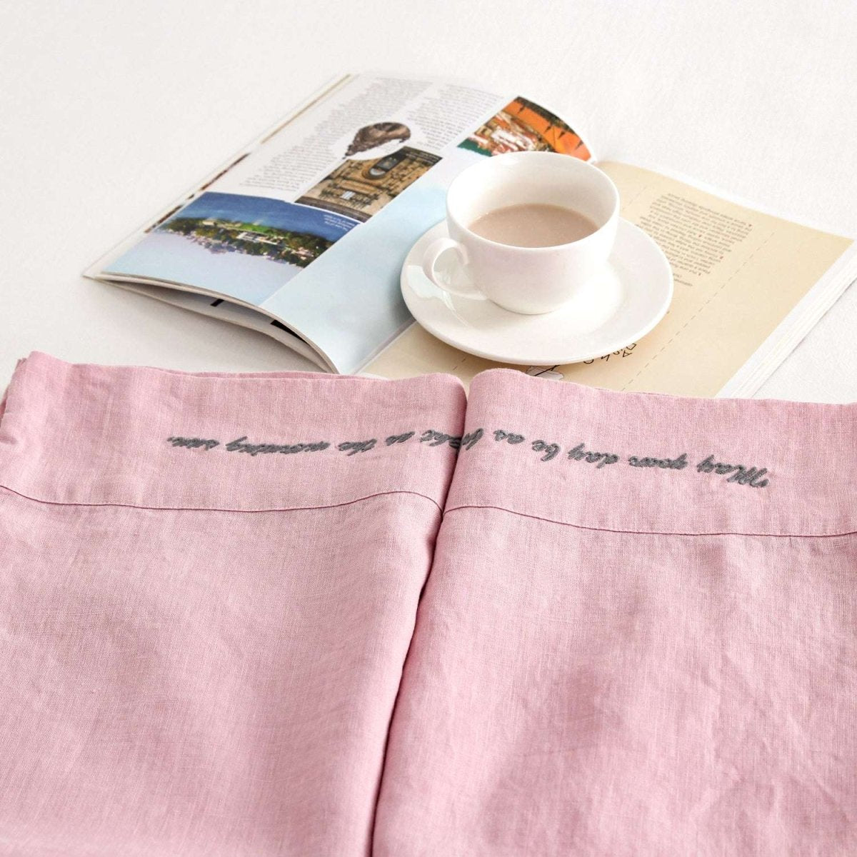Pink Lavender 100% Organic Linen Embroidered Pillowcases - Victory Symbol