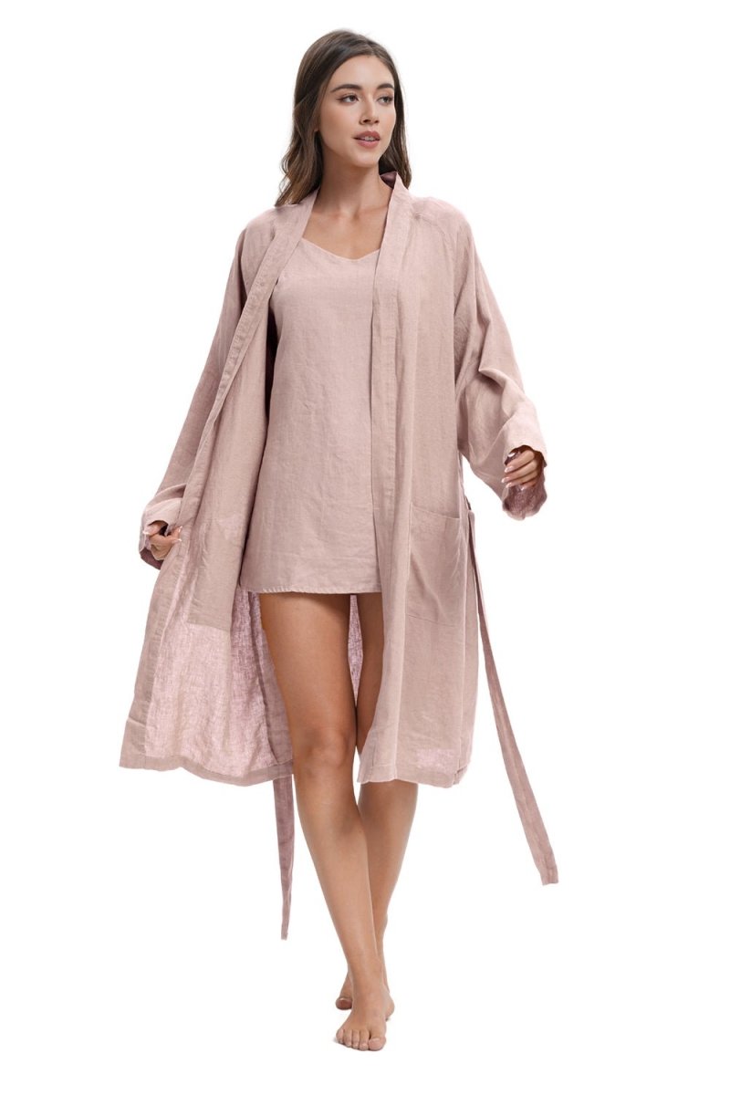 Pink Purple 100% Organic Linen Women's V - Neck Robes - Victory Symbol
