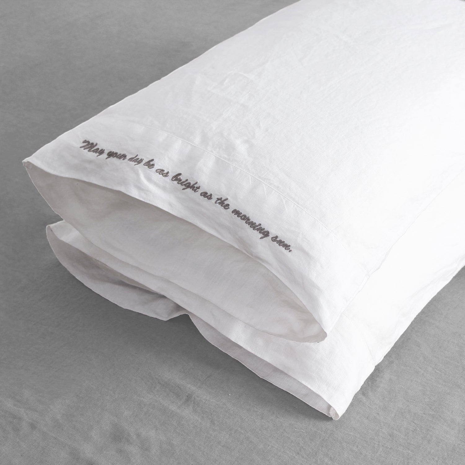 Pure White 100% Organic Linen Embroidered Pillowcases - Victory Symbol