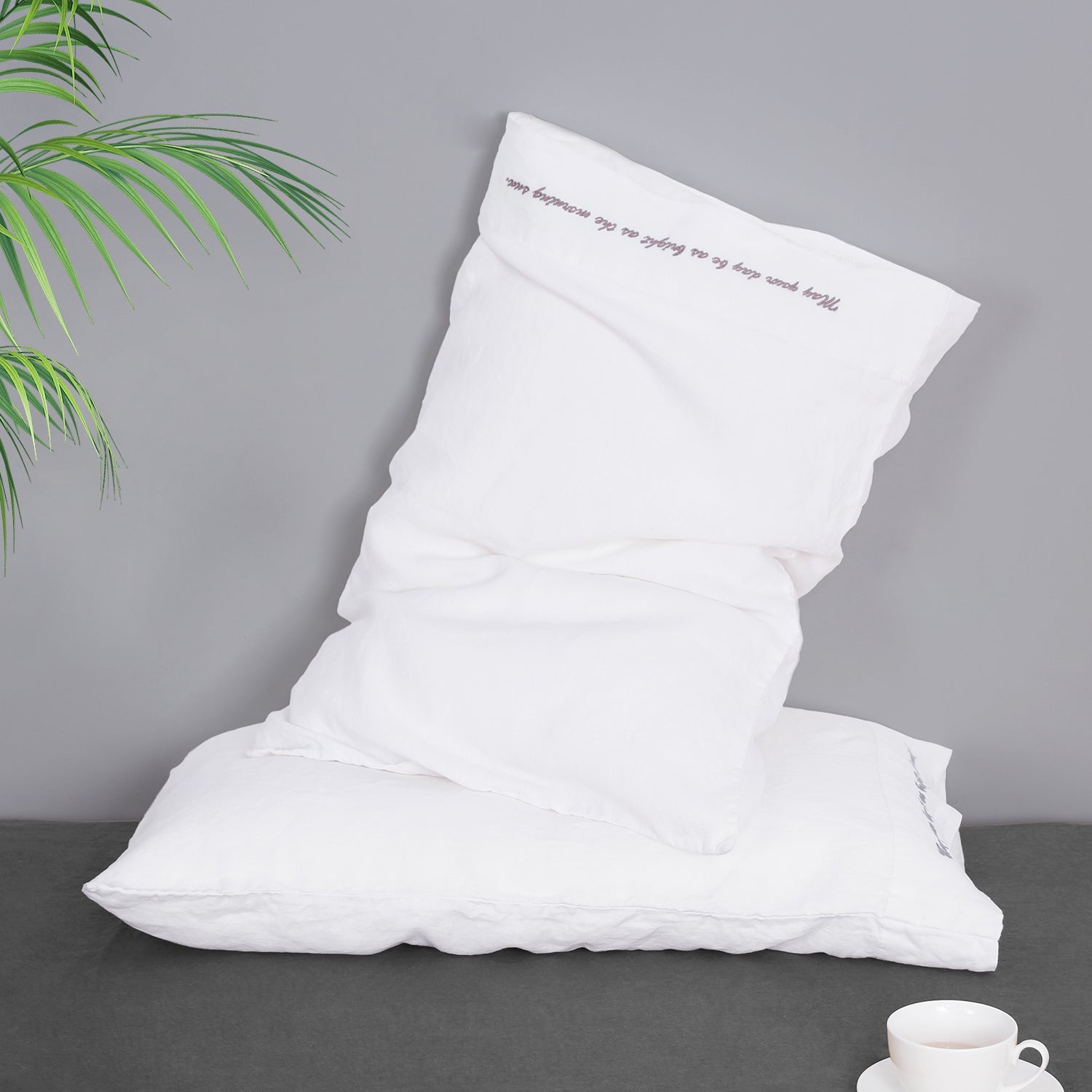 Pure White 100% Organic Linen Embroidered Pillowcases - Victory Symbol