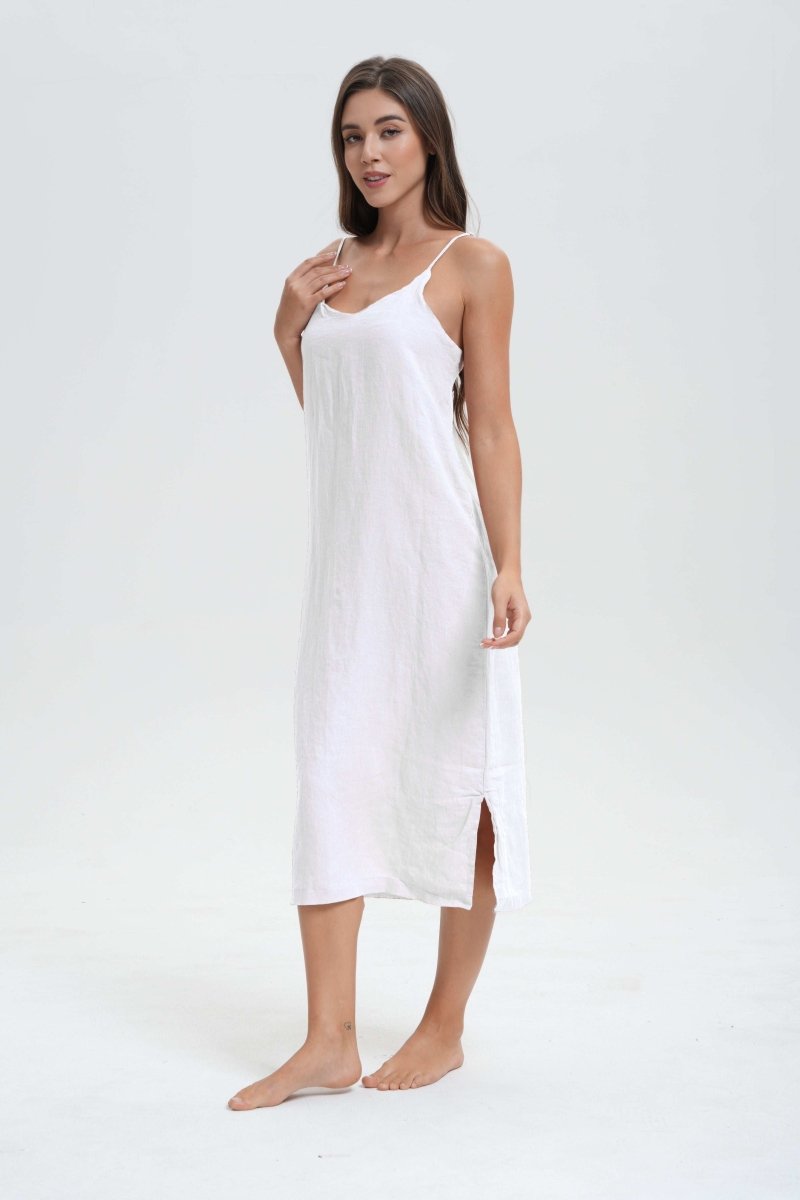 Pure White 100% Organic Linen Midi Dress - Victory Symbol