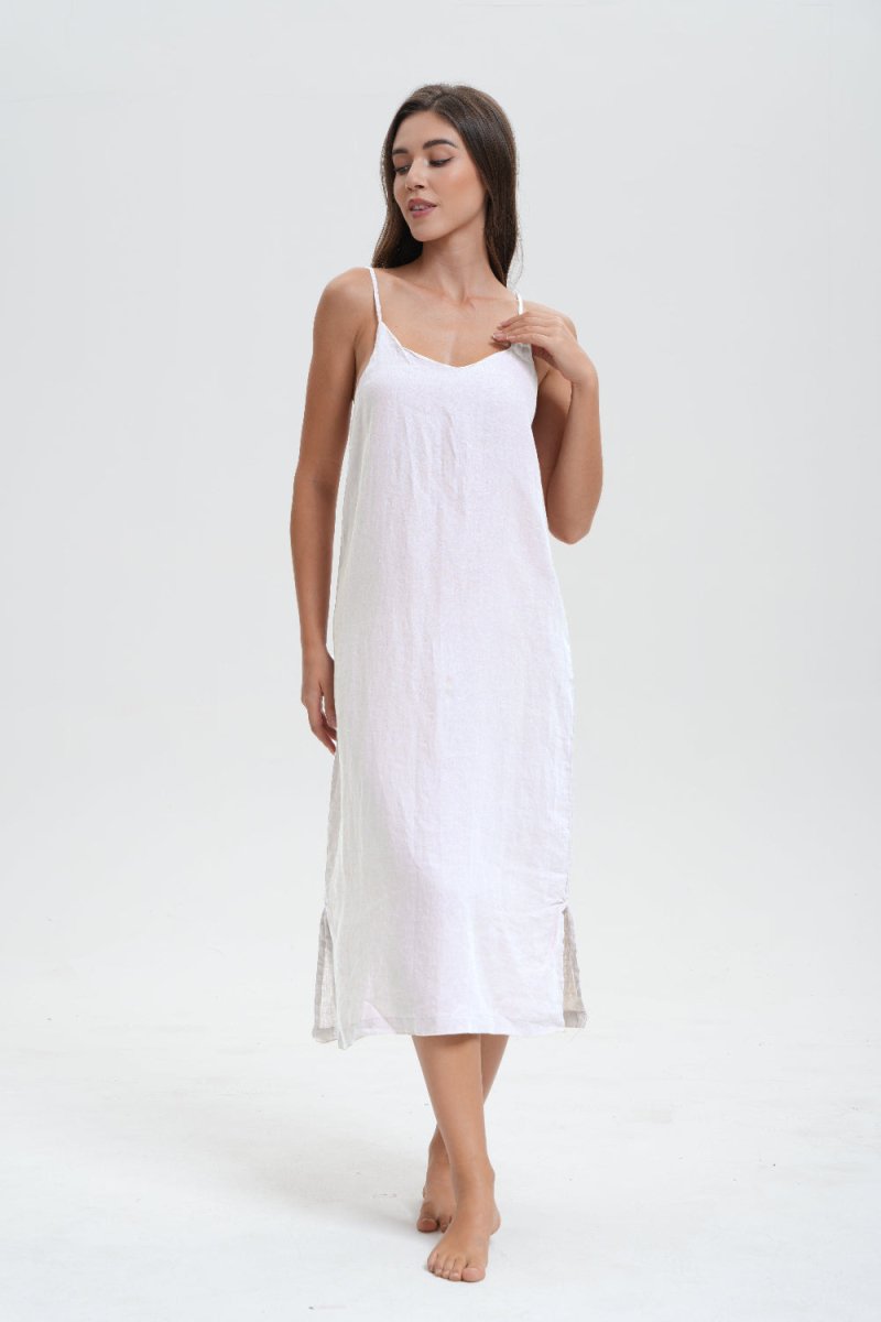 Pure White 100% Organic Linen Midi Dress - Victory Symbol