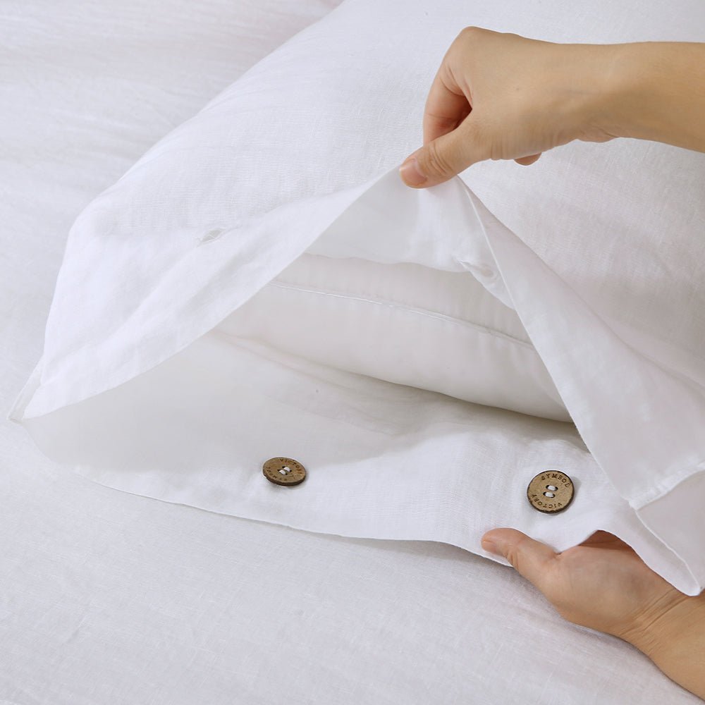 Pure White 100% Organic Linen Pillowcases With Coconut Button Closure - Victory Symbol