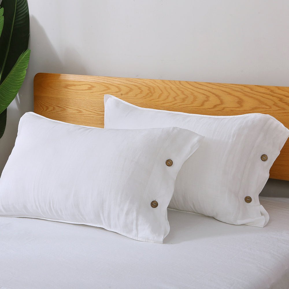 Pure White 100% Organic Linen Pillowcases With Coconut Button Closure - Victory Symbol