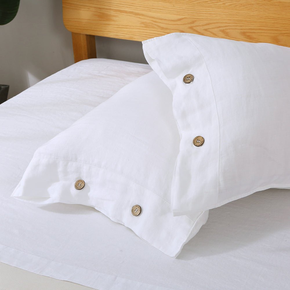 Pure White 100% Organic Linen Pillowcases With Coconut Button Closure - Victory Symbol