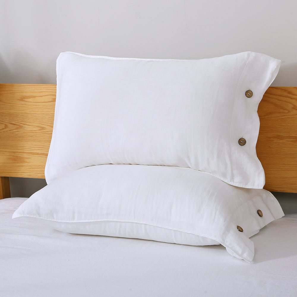 Pure White 100% Organic Linen Pillowcases With Coconut Button Closure - Victory Symbol