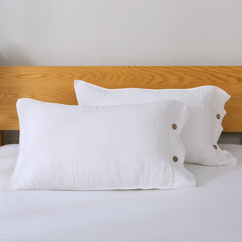 Pure White 100% Organic Linen Pillowcases With Coconut Button Closure - Victory Symbol