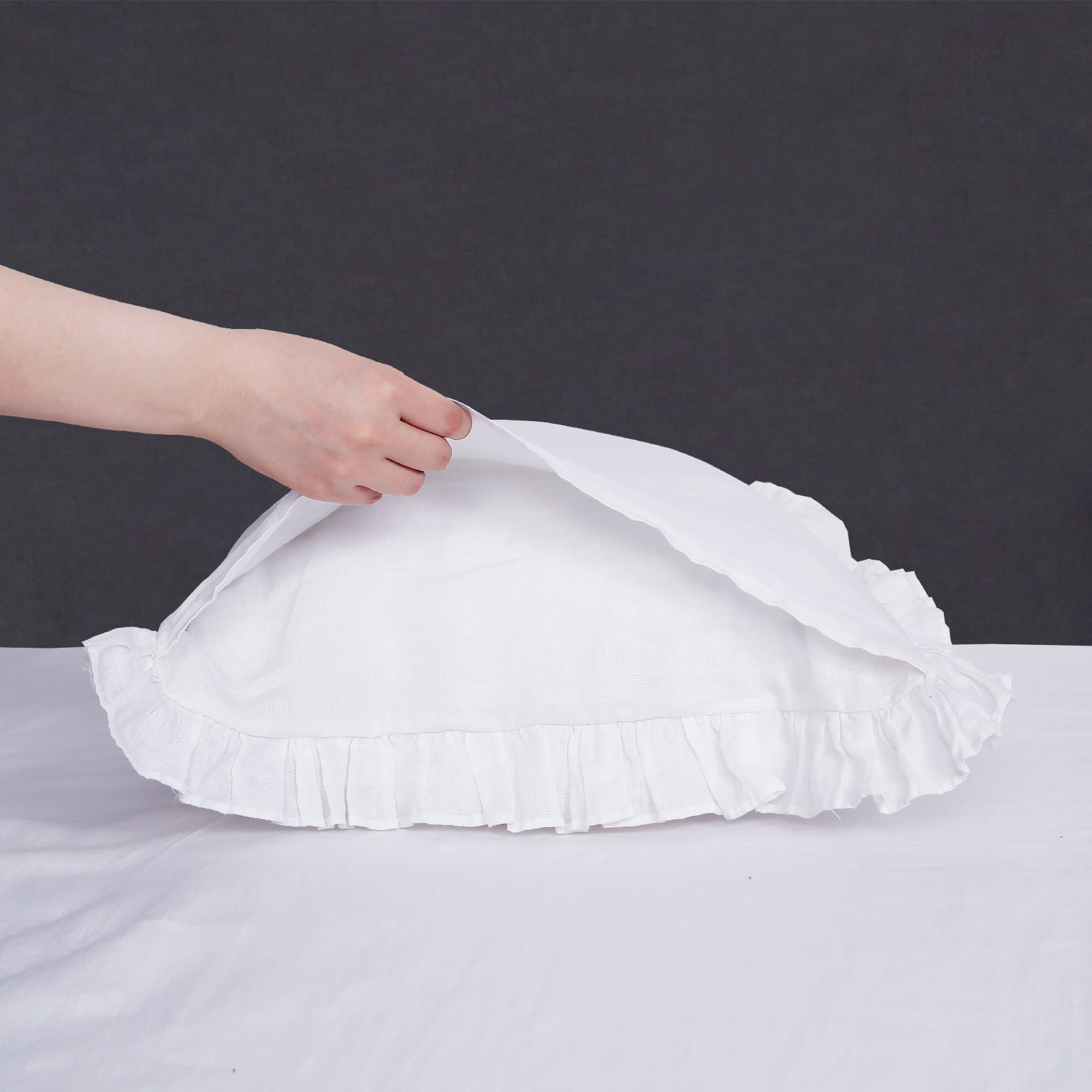 Pure White 100% Organic Linen Pillowcases with Ruffles - Victory Symbol