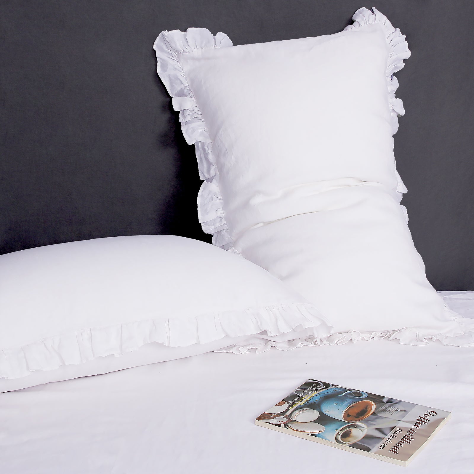 Pure White 100% Organic Linen Pillowcases with Ruffles - Victory Symbol