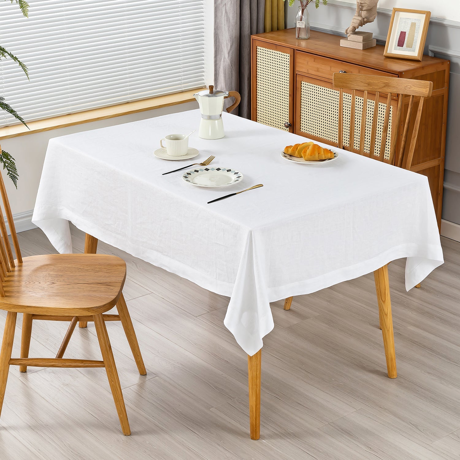 Pure White 100% Organic Linen Tablecloth - Victory Symbol