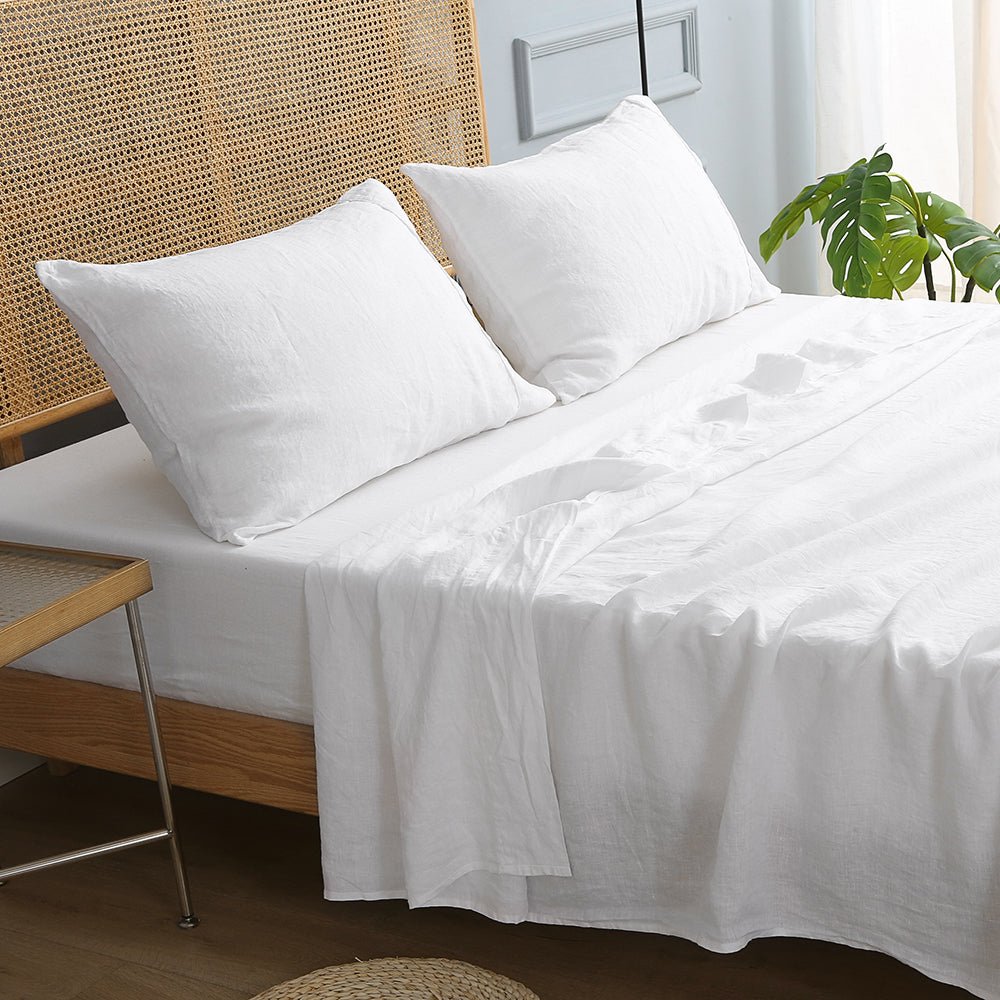 Pure White With Piping 100% Organic Linen Sheets Set - Victory Symbol