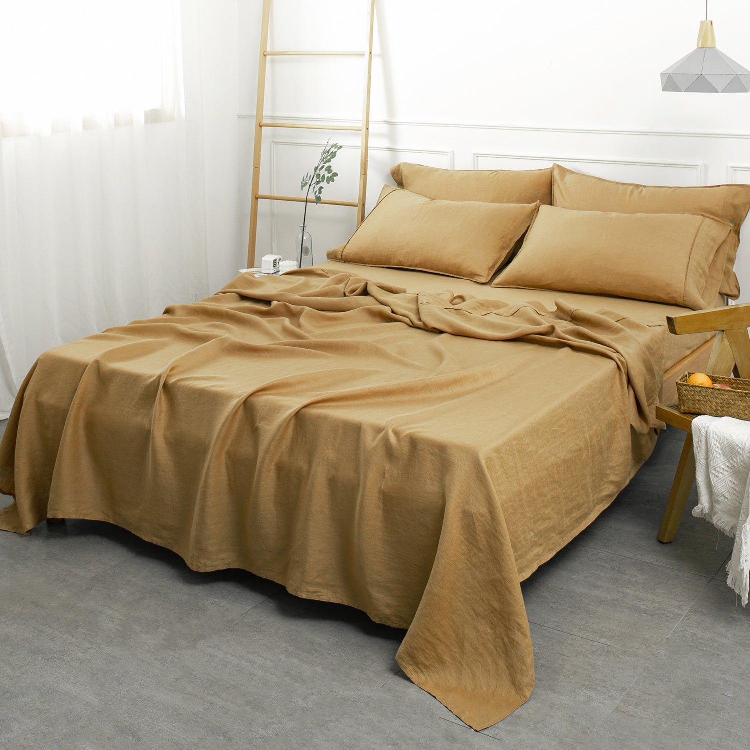 Sandy Beige 100% Organic Linen Flat Sheet - Victory Symbol