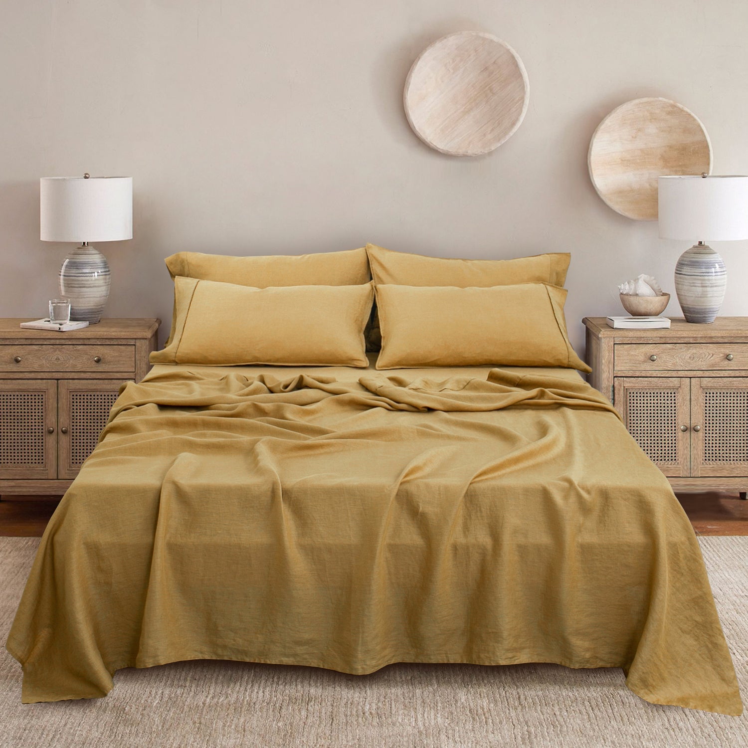 Sandy Beige 100% Organic Linen Sheets Set - Victory Symbol