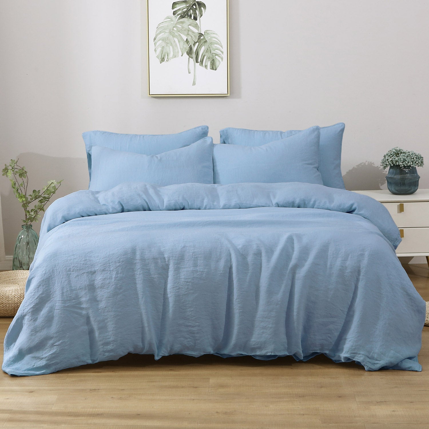 Sky Blue 100% Organic Linen Duvet Cover Set - Victory Symbol