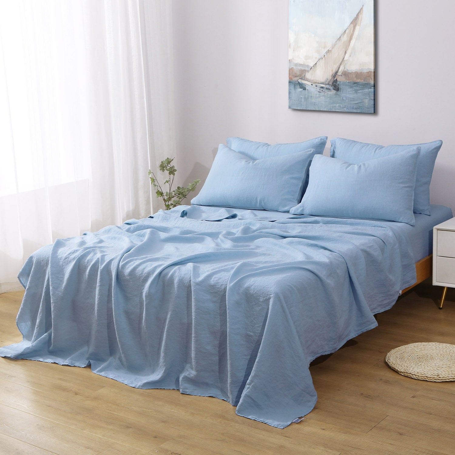 Sky Blue 100% Organic Linen Flat Sheet - Victory Symbol