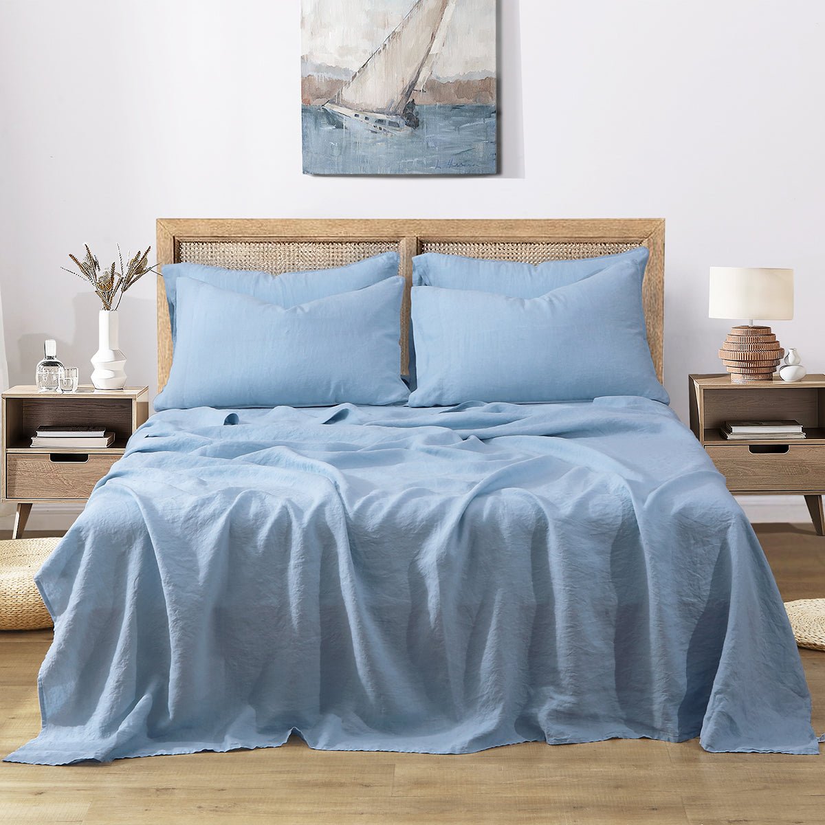 Sky Blue 100% Organic Linen Flat Sheet - Victory Symbol