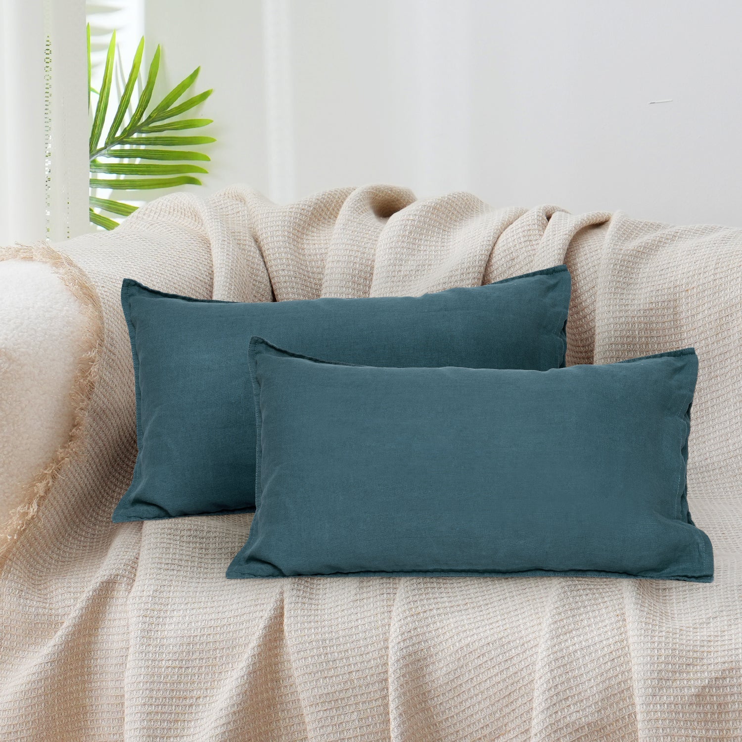 Teal Green 100% Organic Linen Lumbar Pillowcases - Victory Symbol