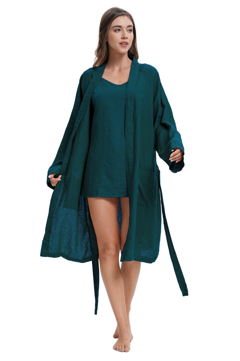 Teal Green 100% Organic Linen Women's V - Neck Robes - Victory Symbol