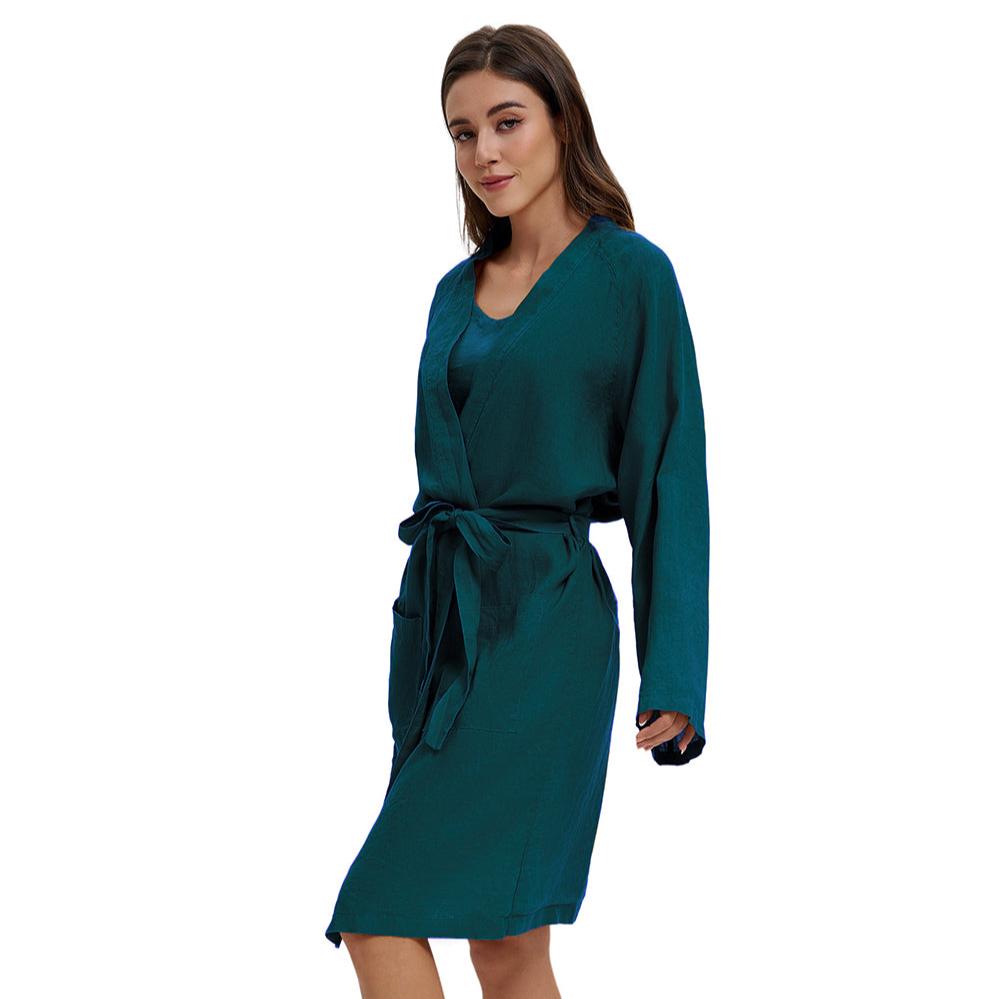 Teal Green 100% Organic Linen Women's V - Neck Robes - Victory Symbol