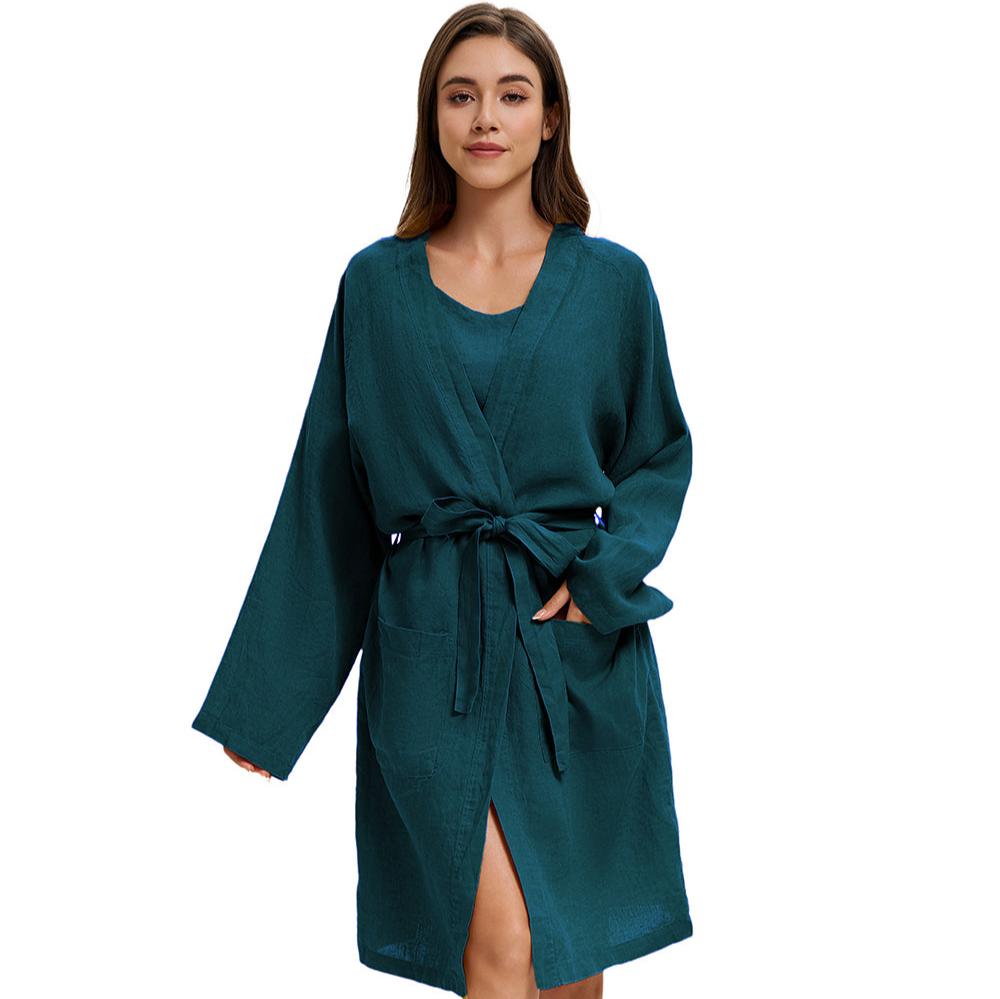 Teal Green 100% Organic Linen Women's V - Neck Robes - Victory Symbol