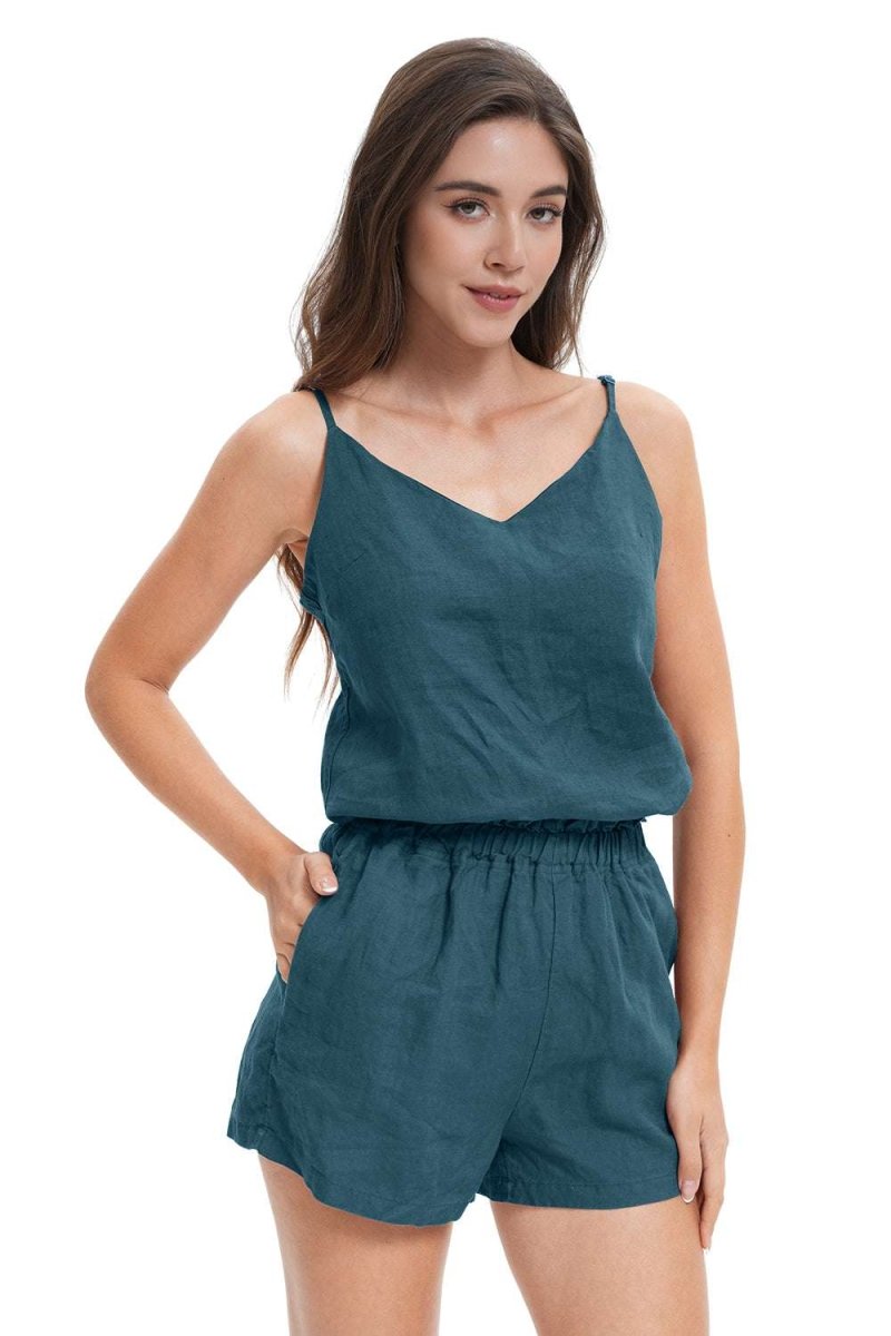 Teal Green Women's Linen Camisole Tank Top V - Neck Loose Casual Adjustable Strap - Victory Symbol