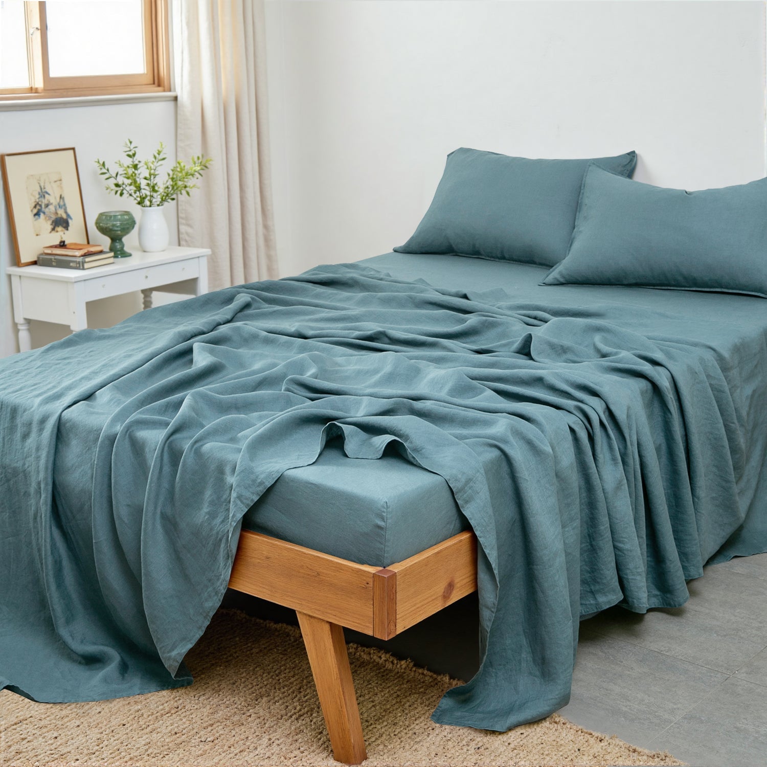 Turquoise Blue 100% Organic Linen Flat Sheet-Victory Symbol