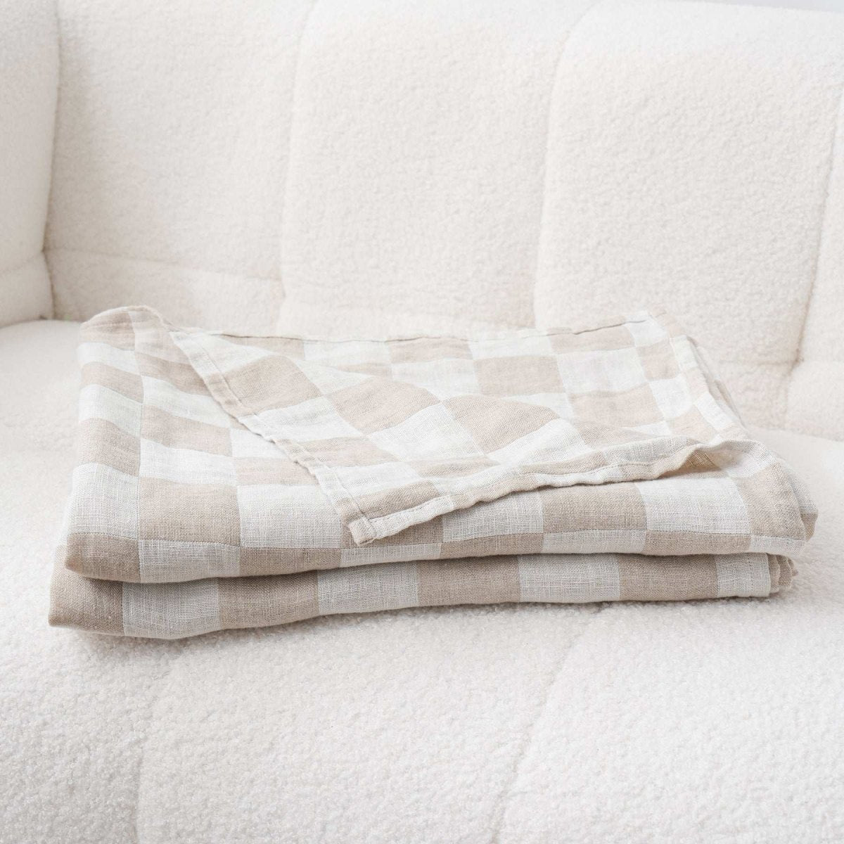 White Colorblock 100% Organic Linen Checkerboard Plaid Blanket & Throw - Victory Symbol