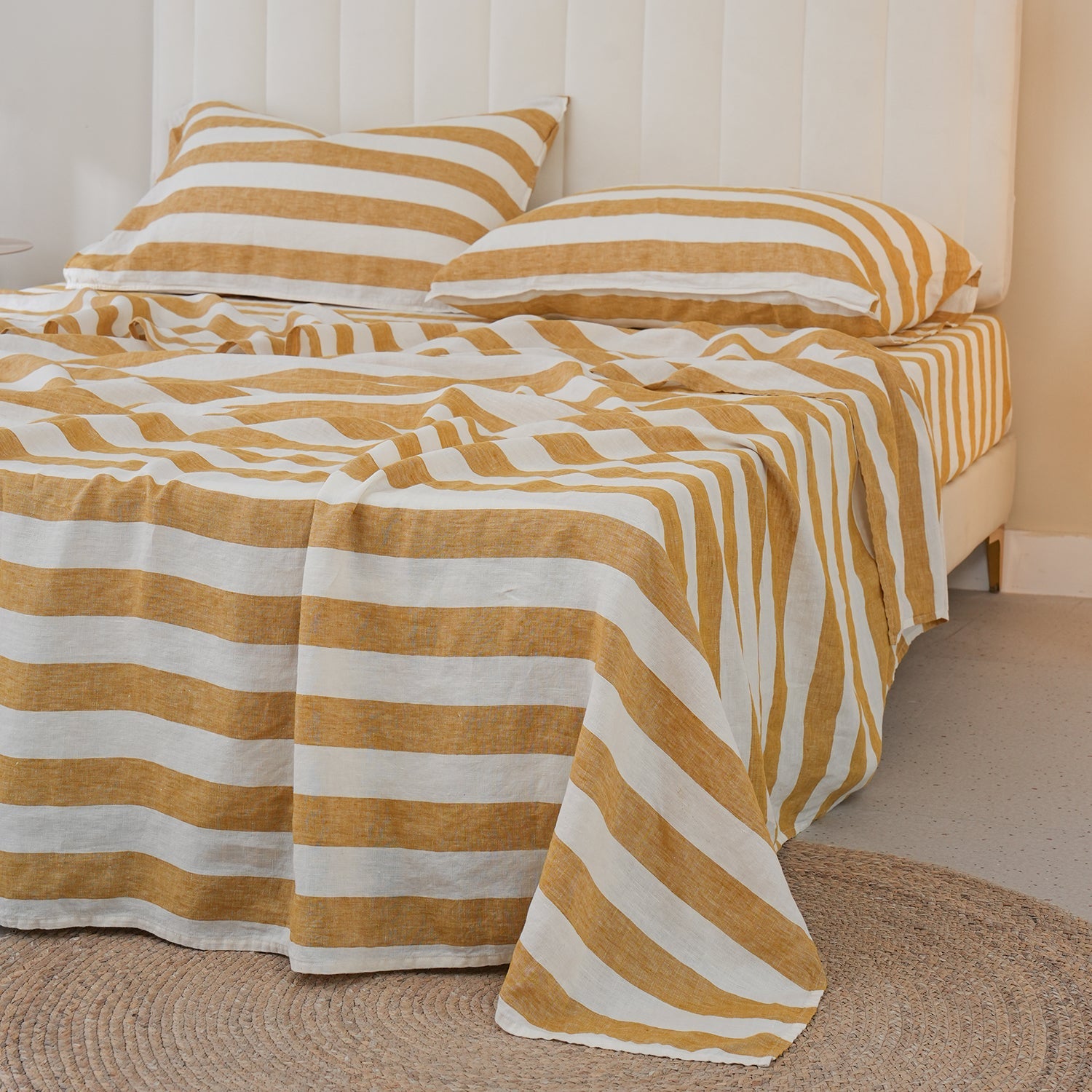 Yellow Stripe 100% Organic Linen Yarn Dyed Flat Sheet - Victory Symbol