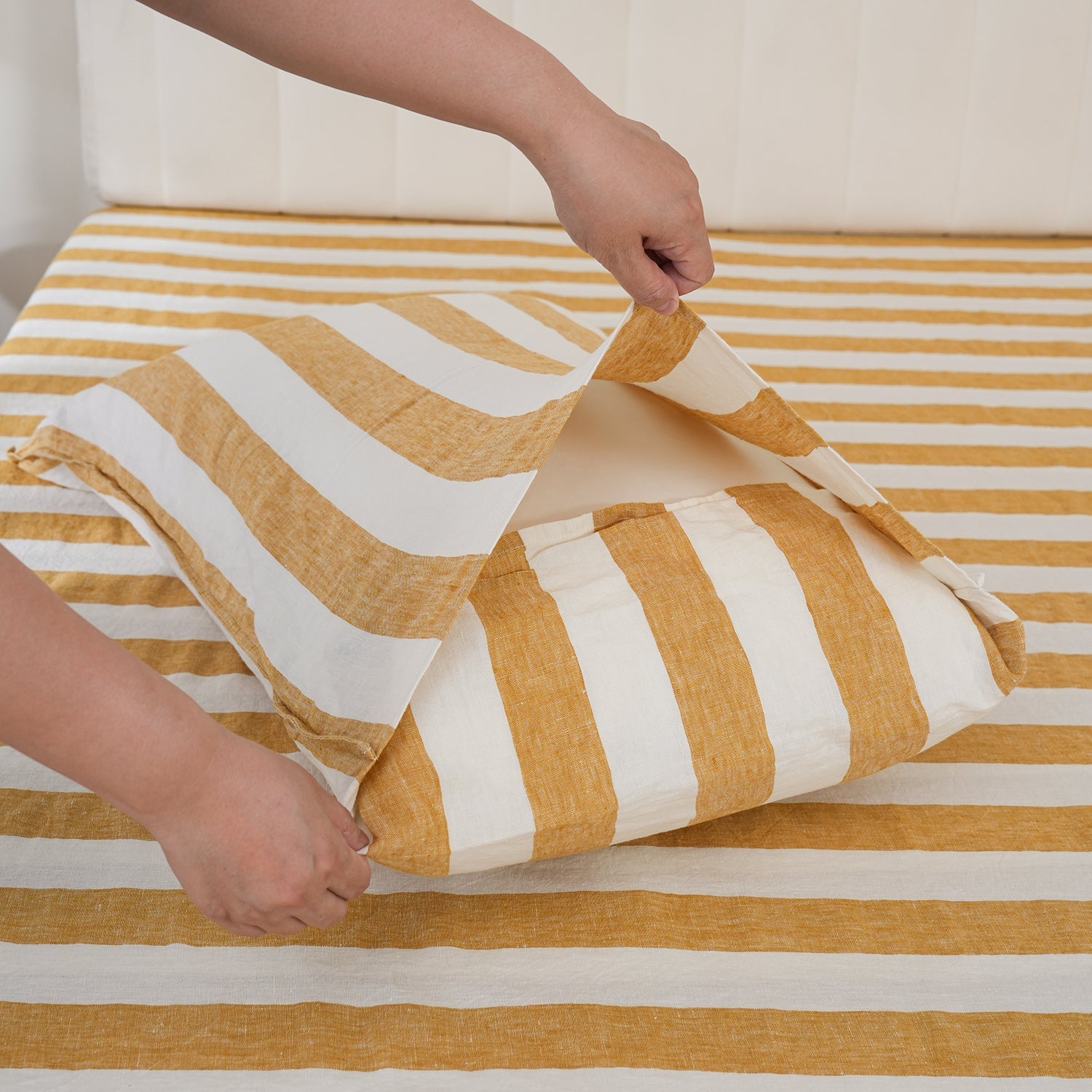 Yellow Stripe 100% Organic Linen Yarn Dyed Pillowcases - Victory Symbol