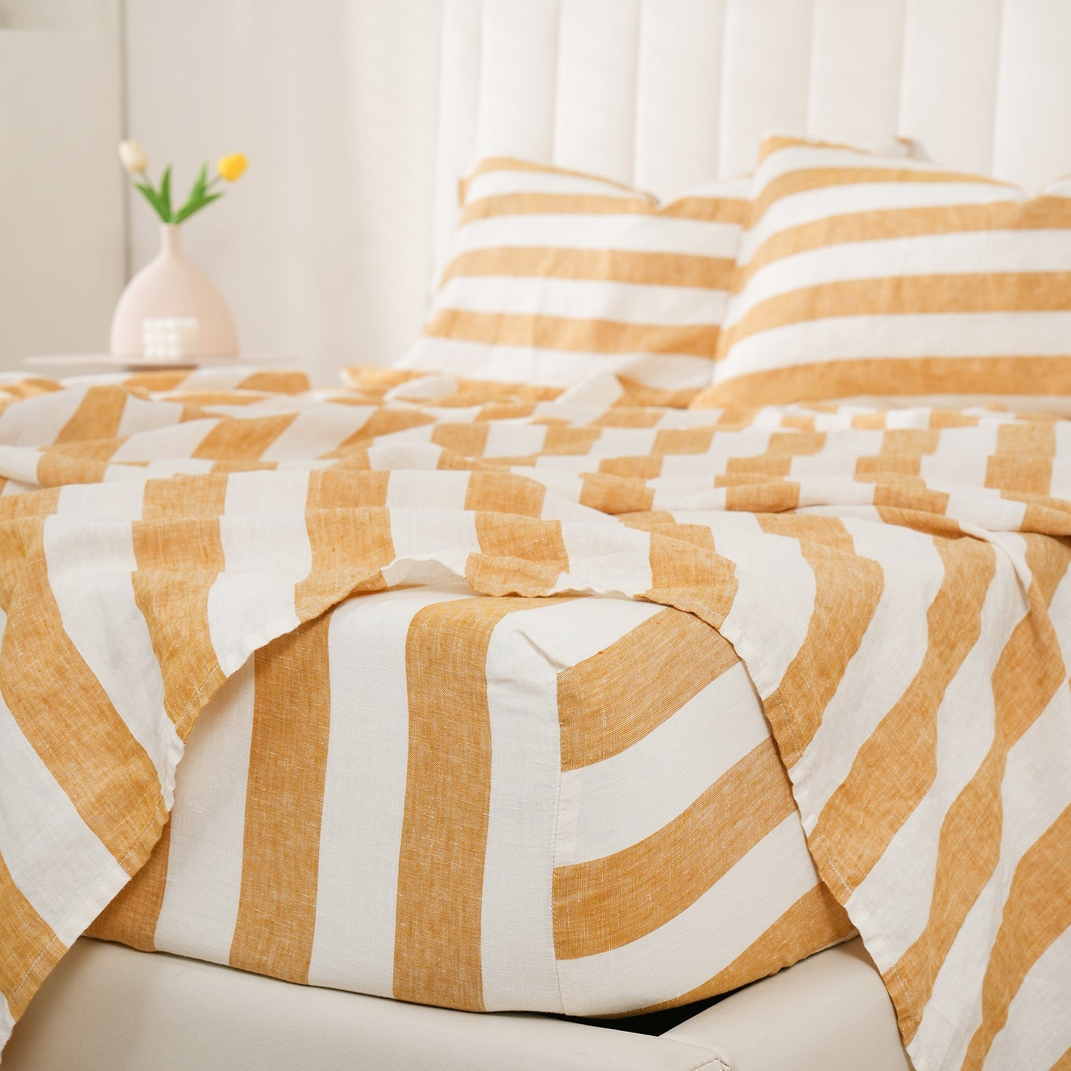 Yellow Stripe 100% Organic Linen Yarn Dyed Sheets Set - Victory Symbol